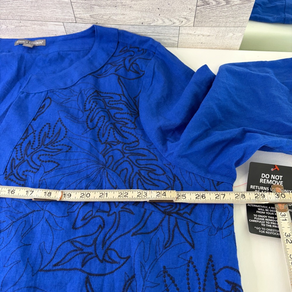 Jessica London Tunic Top Women 26W Royal Blue Embroidered Leaf Linen Blend - Picture 7 of 8